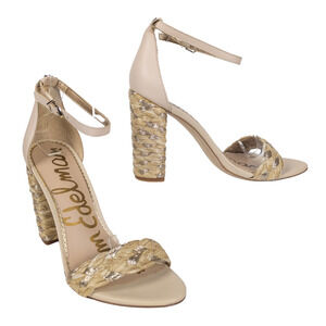 SAM EDELMAN Yoana Raffia Metallic Woven High Heel Sandal Ankle Strap Women's 8.5